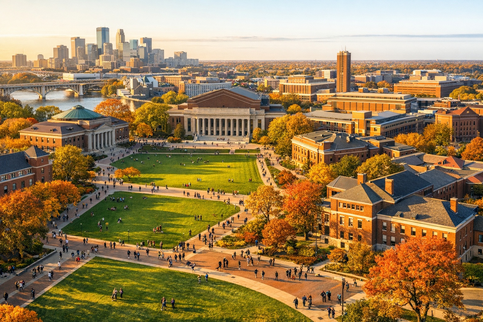 University of Minnesota Twin Cities campus aerial view showing Northrop Mall and iconic red brick academic buildings