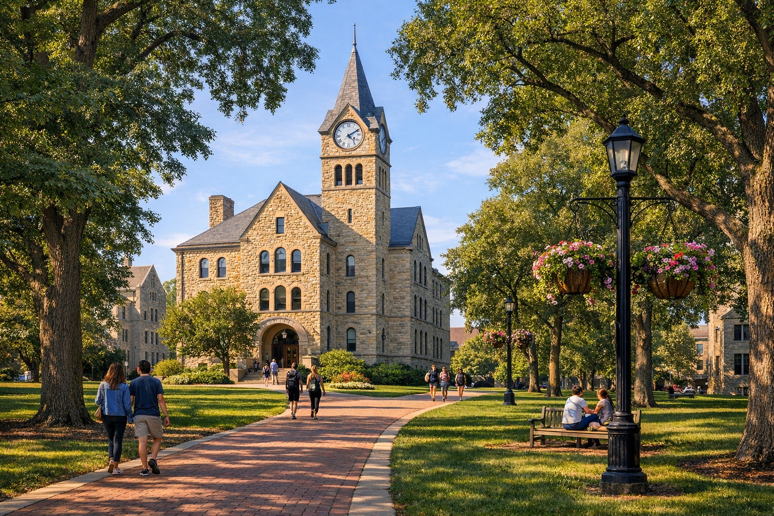 Beautiful historic stone academic buildings on a Minnesota liberal arts college campus in Northfield