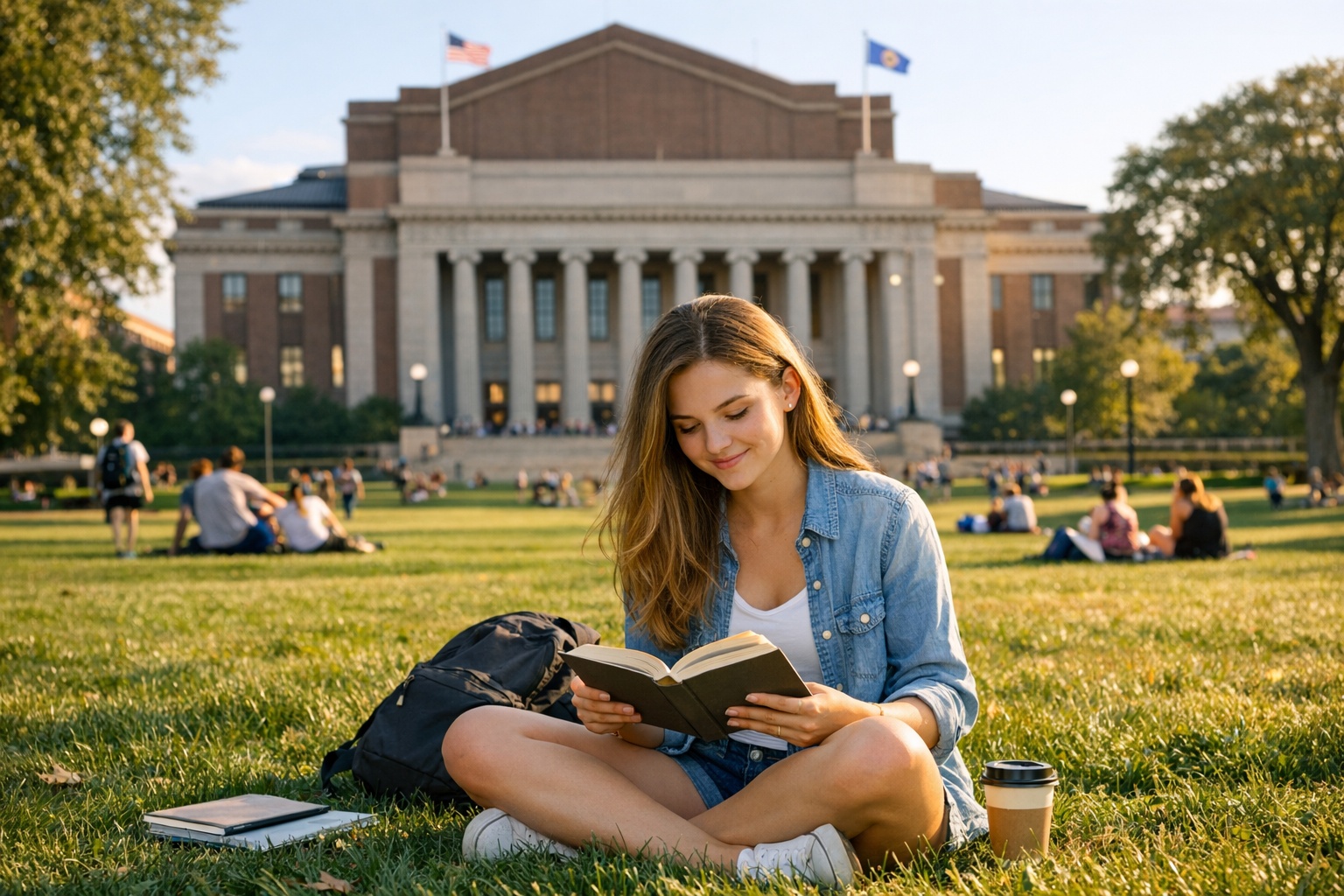 Young Caucasian woman student reading on a Minnesota university campus lawn in warm afternoon sunlight